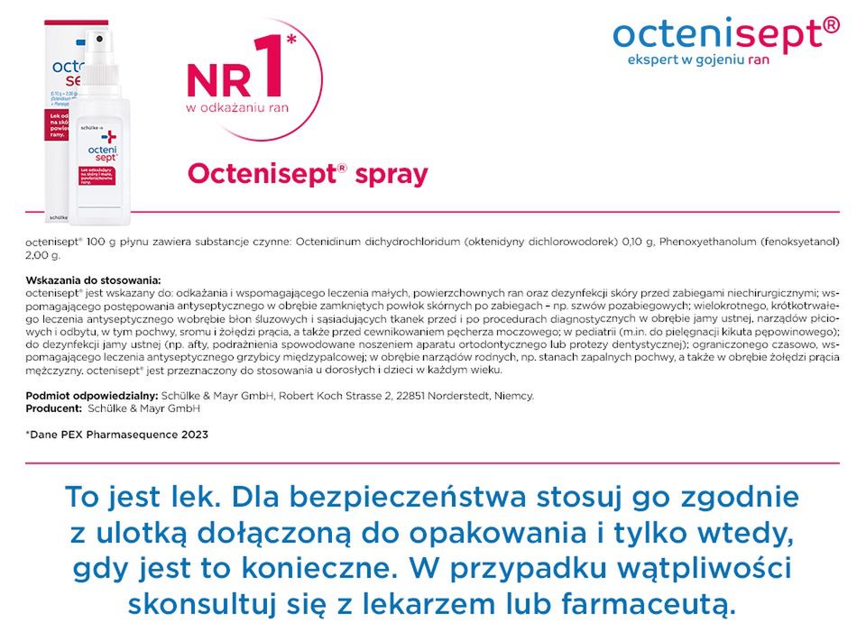 Octenisept spray - To jest lek. Dla bezpieczeństwa stosuj go zgodnie z ulotką dołączoną do opakowania. Zwróć uwagę na przeciwwskazania. W przypadku wątpliwości skonsultuj się z lekarzem lub farmaceutą.  - nota