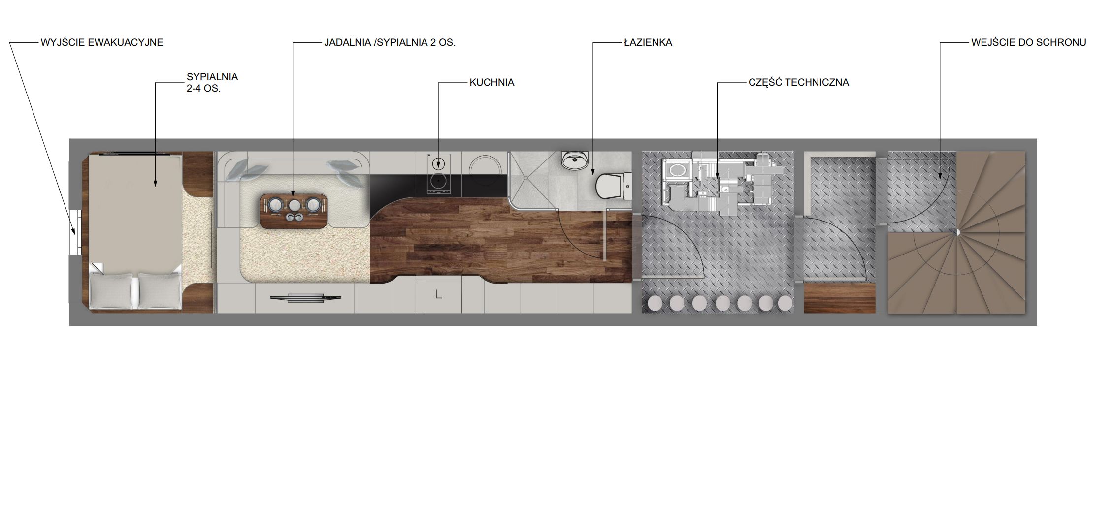 Rzut schronu o powierzchni 35 m kw.