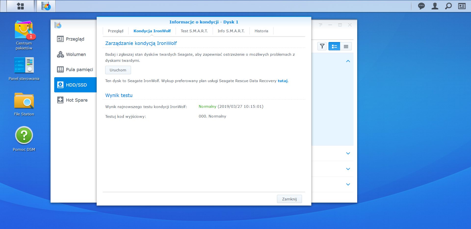 Raport stanu dysku z IronWolf Health Management po wykonaniu testu