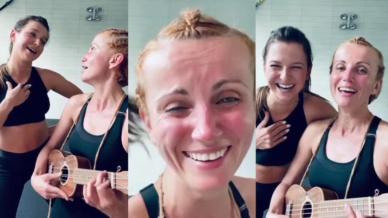 Katarzyna Zielińska i Anna Lewandowska świętują zakończony trening piosenką