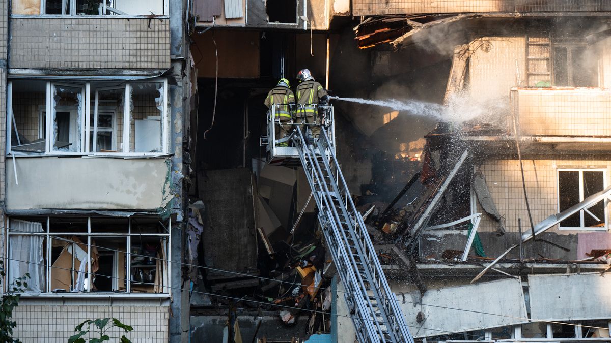 Apartment block damaged by Russian attack in Kyiv
Firefighters in the cradle on top of a ladder put out a fire in a nine-storey apartment block in the Sviatoshynskyi district damaged by the recent Russian strike in Kyiv, Ukraine, on September 7, 2025. Russia attacks Ukraine with drones and cruise missiles overnight on September 7. In Kyiv, a woman and a baby die while 20 people are injured. (Photo by Danylo Antoniuk/Ukrinform/NurPhoto via Getty Images) NO USE RUSSIA. NO USE BELARUS. (Photo by Ukrinform/NurPhoto via Getty Images)
NurPhoto
september 7, cradle, overnight, emergency response, nurphoto, civilian impact, 20 people, drones, firefighters, nine-storey, action shot, infrastructure., drone attack, fire, damage, russia-ukraine war, cruise missiles, baby, woman, attack, died, casualties, ukraine war, russian strike, apartment block, danylo antoniuk, ukraine conflict, injured, russian invasion, no use russia, ukrinform, no use belarus