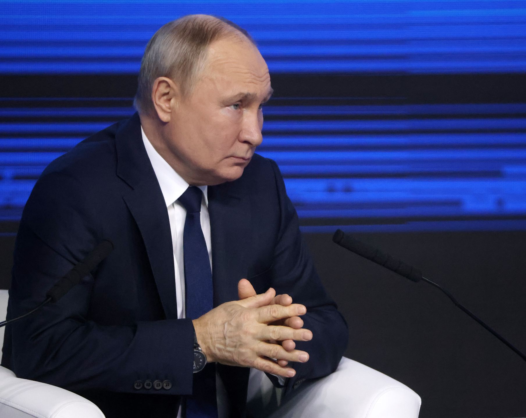 MOSCOW, RUSSIA - JANUARY 31: (RUSSIA OUT) Russian President Vladimir Putin reacts during his meeting with supporters ahead of 2024 Presidential Elections on January 31, 2024 in Moscow, Russia. More than 500 official confidants of President Vladimir Putin were gathered at the Gosiny Dvor in Moscow. (Photo by Contributor/Getty Images)