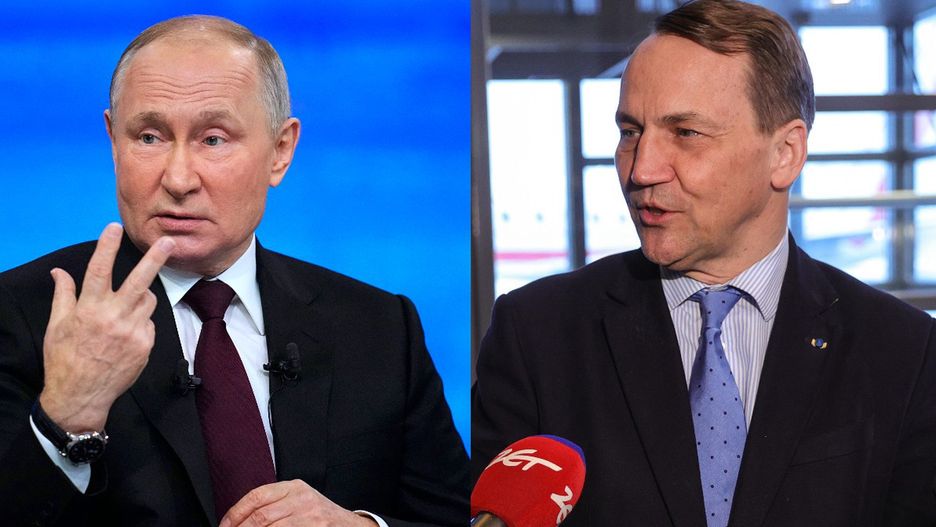 Zdjęcie ilustracyjne. Po lewej Putin, po prawej szef MSZ Polski Radosław Sikorski
