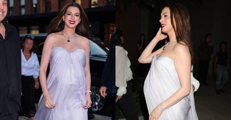 Anne Hathaway w ZAAWANSOWANEJ CIĄŻY emanuje elegancją w lawendowej sukni (ZDJĘCIA)