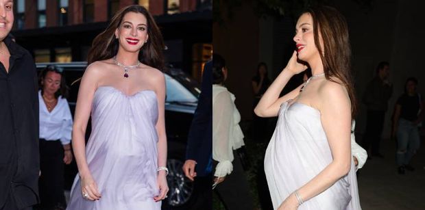 Anne Hathaway w ZAAWANSOWANEJ CIĄŻY emanuje elegancją w lawendowej sukni (ZDJĘCIA)