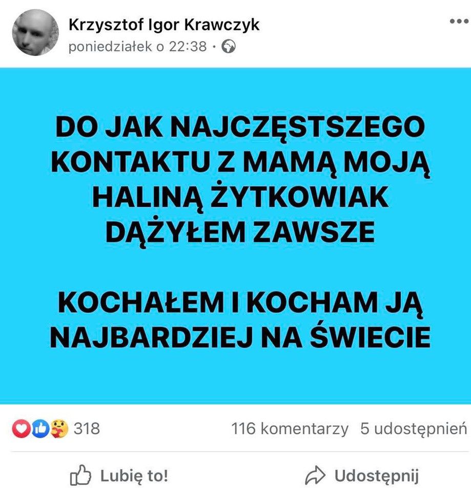 Syn Krzysztofa Krawczyka wspomina mamę i wystosowuje dementi w serii nocnych wpisów