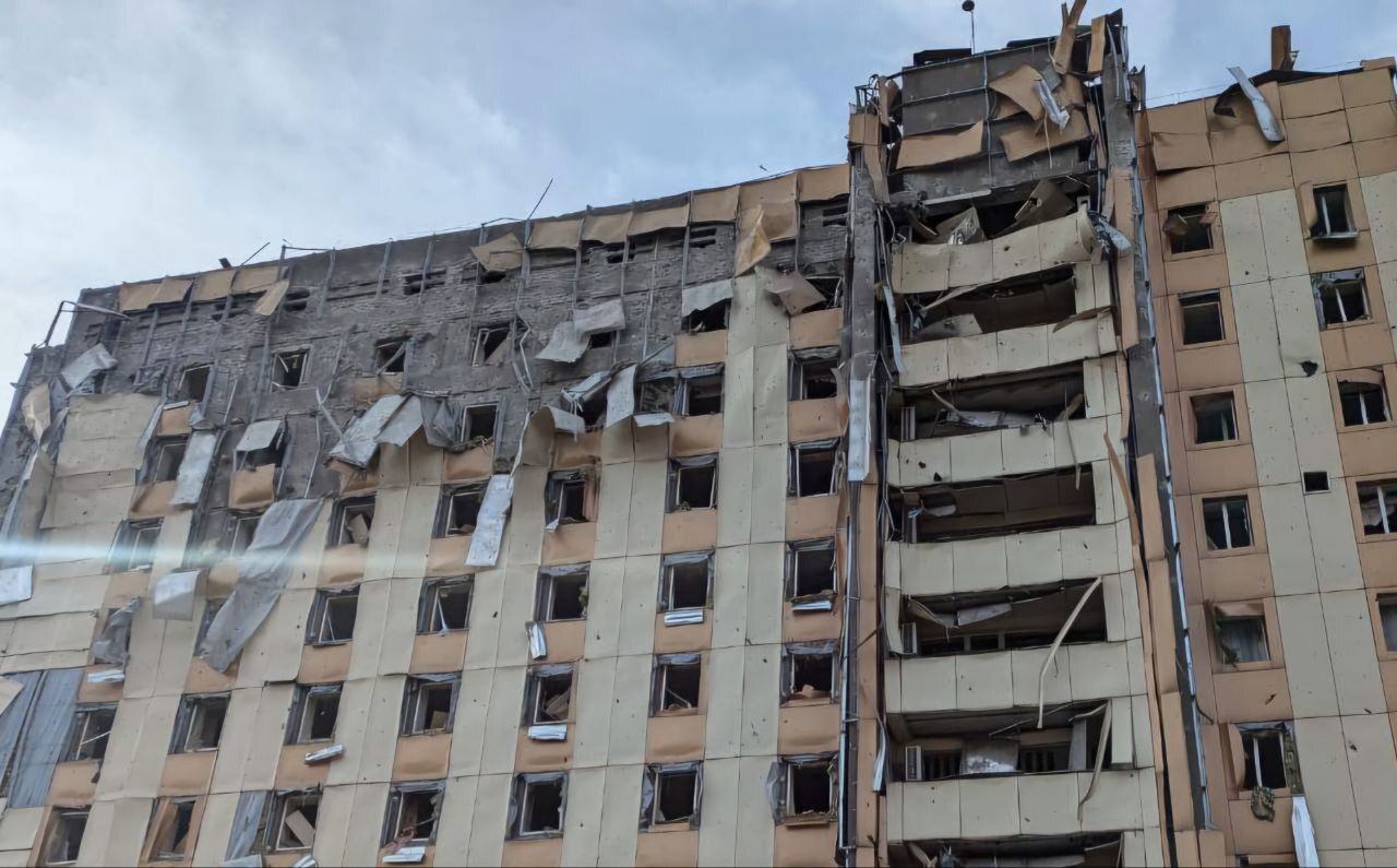 KRYVYI RIH, UKRAINE - MARCH 12: (----EDITORIAL USE ONLY - MANDATORY CREDIT - 'DNIPROPETROVSK REGIONAL MILITARY ADMINISTRATION / HANDOUT' - NO MARKETING NO ADVERTISING CAMPAIGNS - DISTRIBUTED AS A SERVICE TO CLIENTS---- HANDOUT' - NO MARKETING NO ADVERTISING CAMPAIGNS - DISTRIBUTED AS A SERVICE TO CLIENTS----) A general view of an apartment building with broken windows and a heavily damaged after Russian missile attacks in Kryvyi Rih, Dnipropetrovsk Oblast, Ukraine on March 12, 2025. One woman was killed and fifteen people were injured. Another Russian attack damaged infrastructure, residential and administrative buildings, buses, garages, more than fifteen cars, shops and an educational institution, the authorities said. (Photo by Dnipropetrovsk Regional Military Ad/Handout/Anadolu via Getty Images)