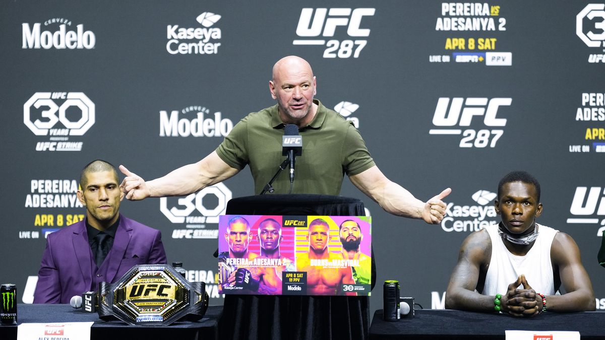 MIAMI, FLORIDA - APRIL 06: UFC president Dana White hosts the UFC 287 press conference at Miami-Dade Arena on April 06, 2023 in Miami, Florida. (Photo by Jeff Bottari/Zuffa LLC via Getty Images)
