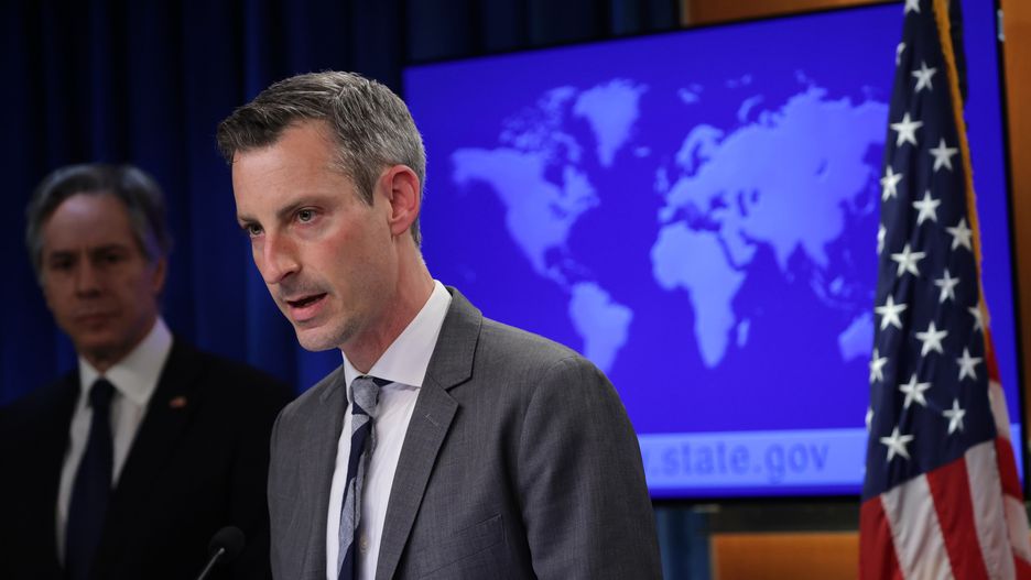 WASHINGTON, DC - APRIL 12:  U.S. State Department spokesperson Edward Price speaks as Secretary of State Antony Blinken looks on at the State Department on April 12, 2022 in Washington, DC. Secretary Blinken delivered remarks to the press on the release of the 2021 Country Reports on Human Rights Practices. (Photo by Alex Wong/Getty Images)