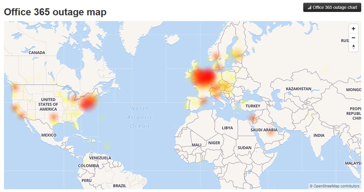 Mapa bieżących problemów z Office 365, źródło: downdetector.