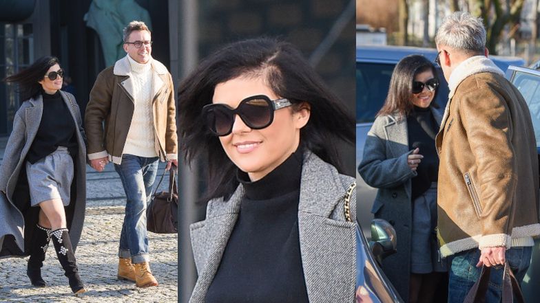 Katarzyna Cichopek i Maciej Kurzajewski trzymają się za ręce pod studiem "Pytania na Śniadanie"