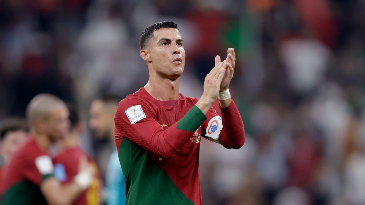 DOHA, QATAR - DECEMBER 6: Cristiano Ronaldo of Portugal celebrates the victory  during the  World Cup match between Portugal  v Switzerland  at the Lusail Stadium on December 6, 2022 in Doha Qatar (Photo by Rico Brouwer/Soccrates/Getty Images)