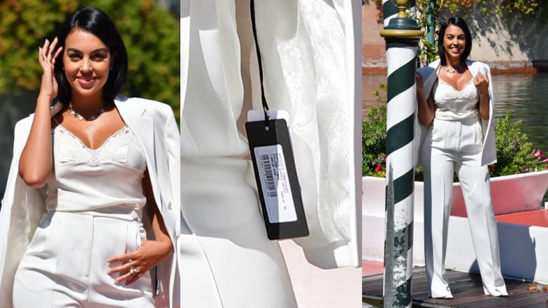 Georgina Rodriguez pozuje w Wencji z metką przy marynarce