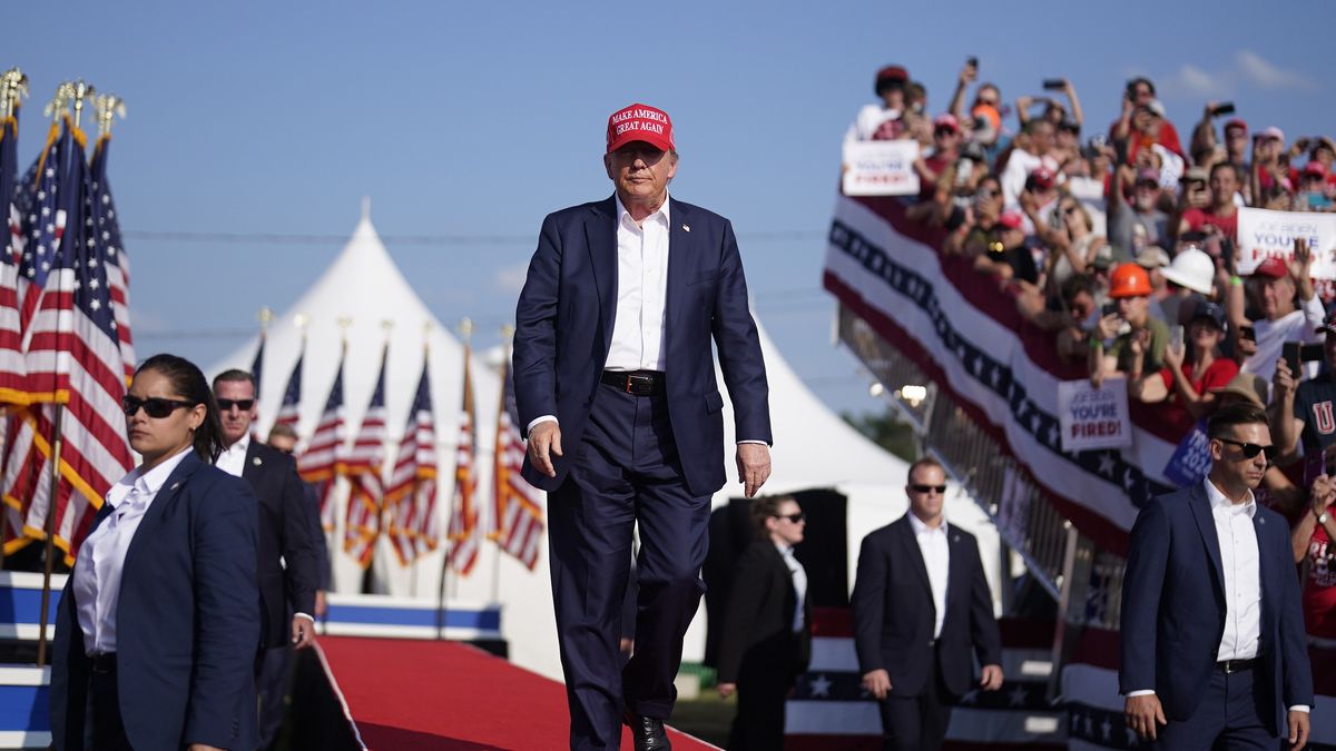 BUTLER, PENNSYLVANIA - July 13: Former president Donald Trump walks onstage during a campaign rally for former President Donald Trump at Butler Farm Show Inc. on Saturday, July 13, 2024 in Butler, Pa. Trump ducked and was taken offstage after loud noises were heard after he began speaking. (Photo by Jabin Botsford/The Washington Post via Getty Images)