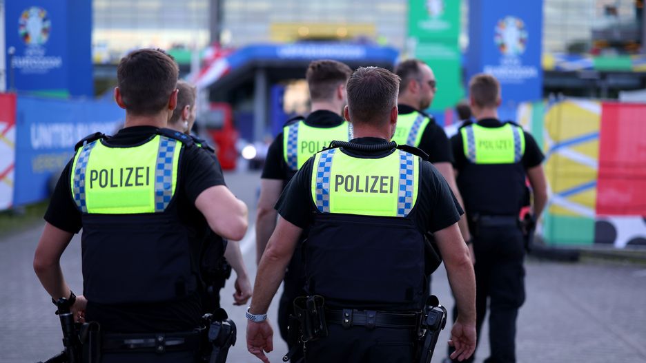 HAMBURG, GERMANY - JUNE 26: Polizei (Police) patrol the outside of the stadium prior to the UEFA EURO 2024 group stage match between Czechia and Turkiye at Volksparkstadion on June 26, 2024 in Hamburg, Germany. (Photo by Alex Livesey/Getty Images)