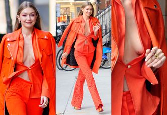 Zahartowana Gigi Hadid w pomarańczowym zestawie wietrzy wdzięki na mrozie