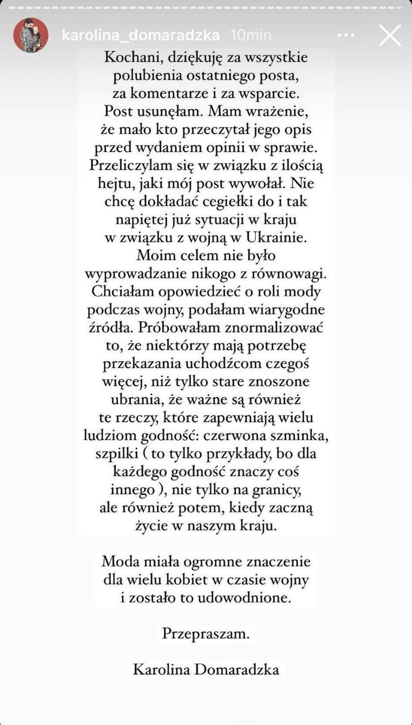Karolina Domaradzka przeprasza za wpis o modzie w czasie wojny