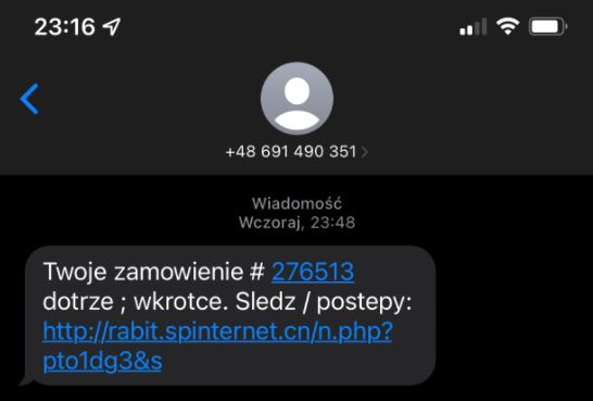Fałszywy SMS o zamówieniu lub paczce