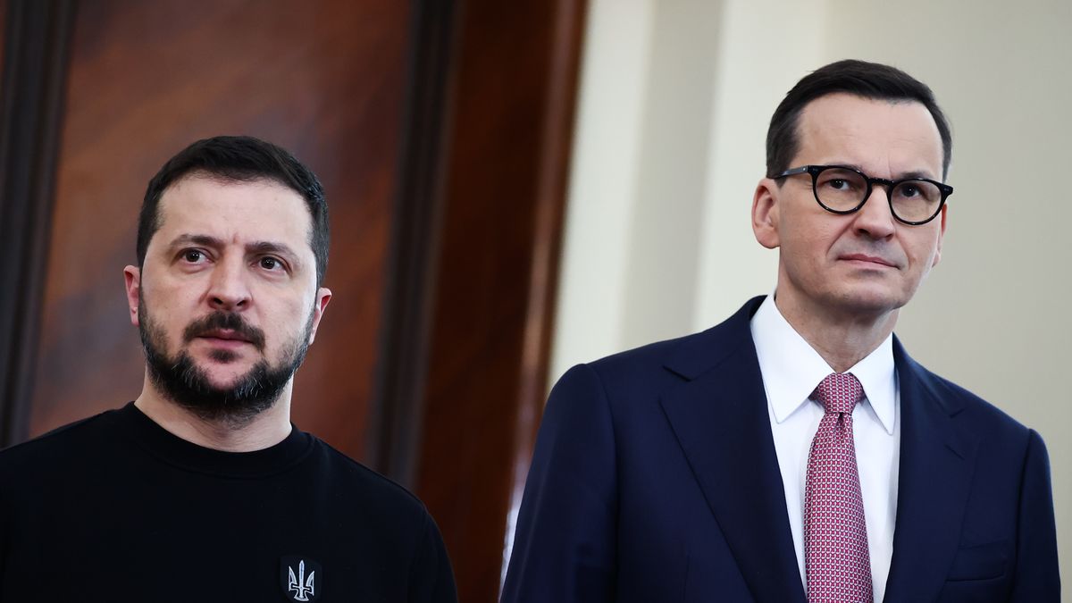President of Ukraine Volodymyr Zelensky and Prime Minister of Poland Mateusz Morawiecki during their meeting in Warsaw, Poland on April 5, 2023. Visit to Poland is the first formal international trip made by President of Ukraine since the Russian invasion begun on February 2022. During the trip Zelensky met with President and Prime Minister of Poland as well as with Polish people and Ukrainians that live in Poland. (Photo by Jakub Porzycki/NurPhoto via Getty Images)