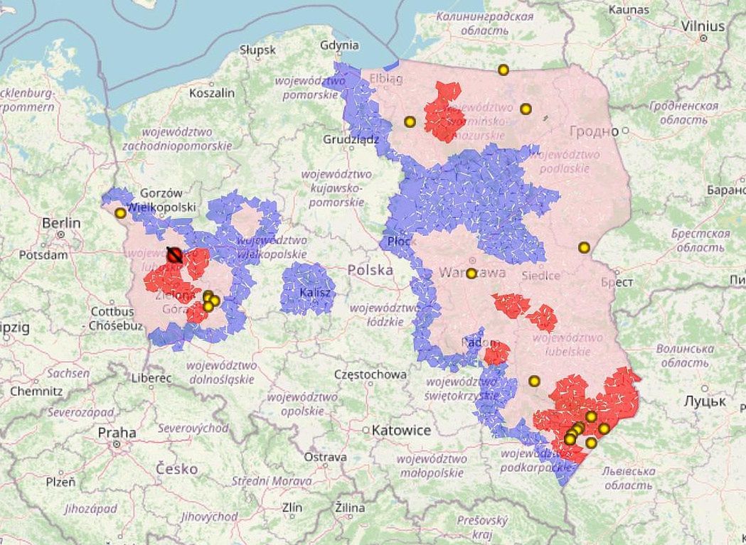 Mapa ognisk i stref zagrożonych afrykańskim pomorem świń