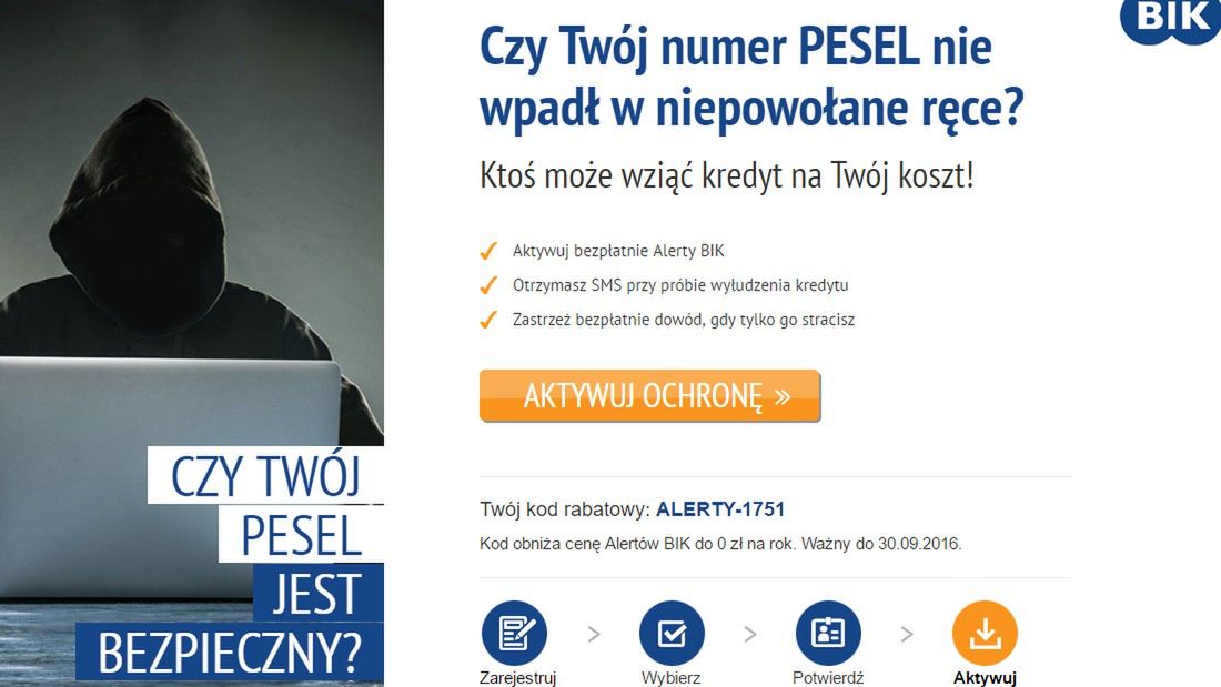 Boisz się o dane z bazy PESEL? Z tym kodem BIK oferuje darmowy rok alertów 3
