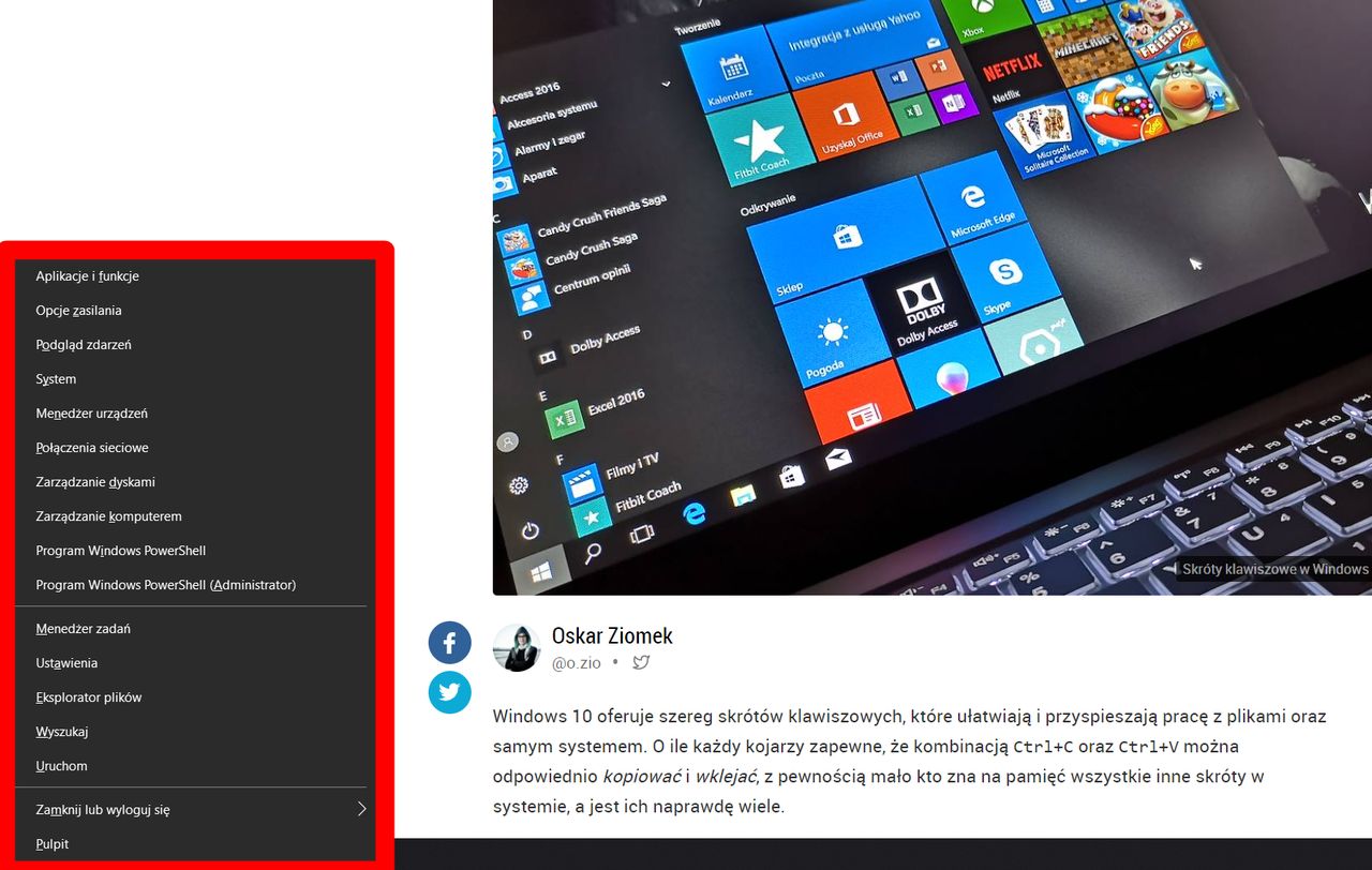 Win+X to skrót do listy przydatnych narzędzi systemowych, fot. Oskar Ziomek.