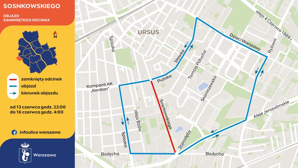 Grafika przedstawia sugerowane objazdy wytyczone w trakcie weekendowego frezowania ulicy Sosnkowskiego od Bodycha do Pużaka