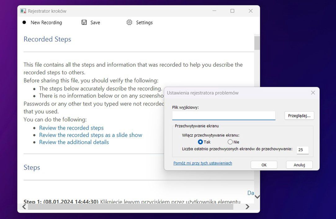 Rejestrator kroków w Windows 11