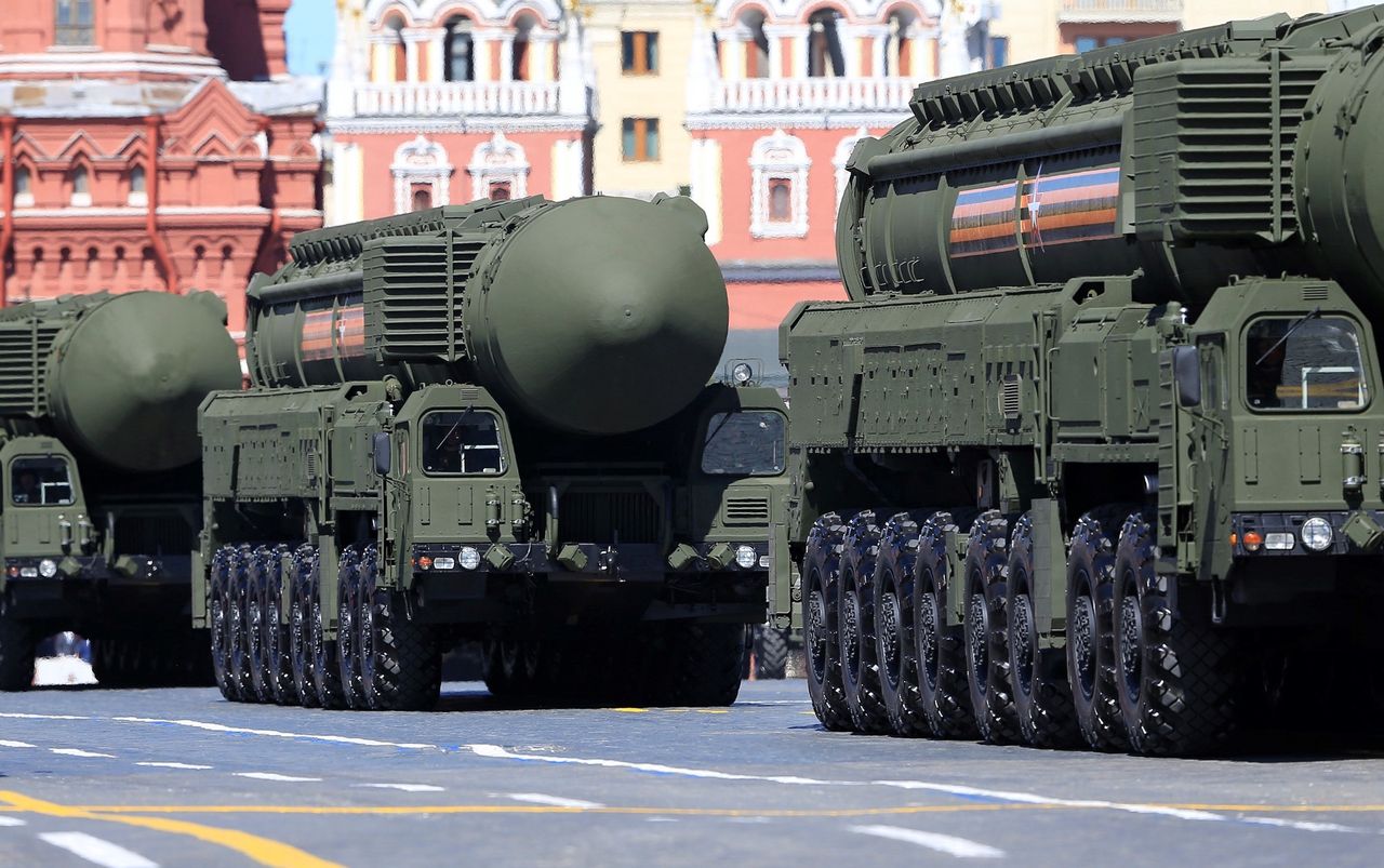 The photo shows Russian RS-24 ballistic missile launchers during a parade in Moscow, 2018.