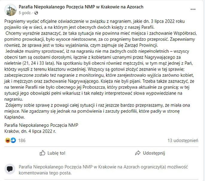 Oświadczenie parafii na Facebooku 