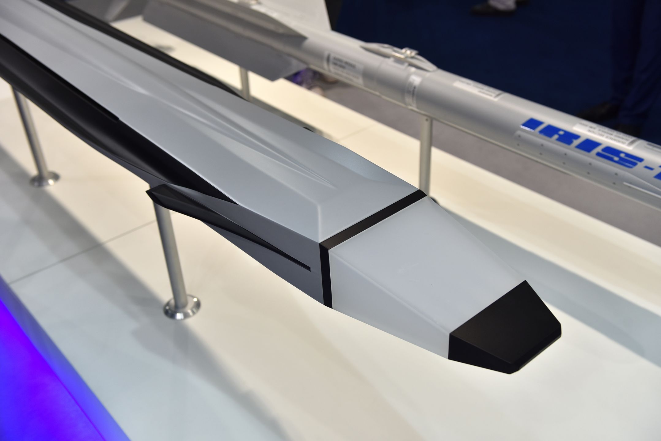 FARNBOROUGH, ENGLAND - JULY 19: A Diehl FCAAM Future Combat Air-to-Air Missile (L) is displayed during the Farnborough International Airshow 2022 on July 19, 2022 in Farnborough, England. Farnborough International Airshow 2022 will host leading innovators from the aerospace, aviation and defence industries. (Photo by John Keeble/Getty Images)