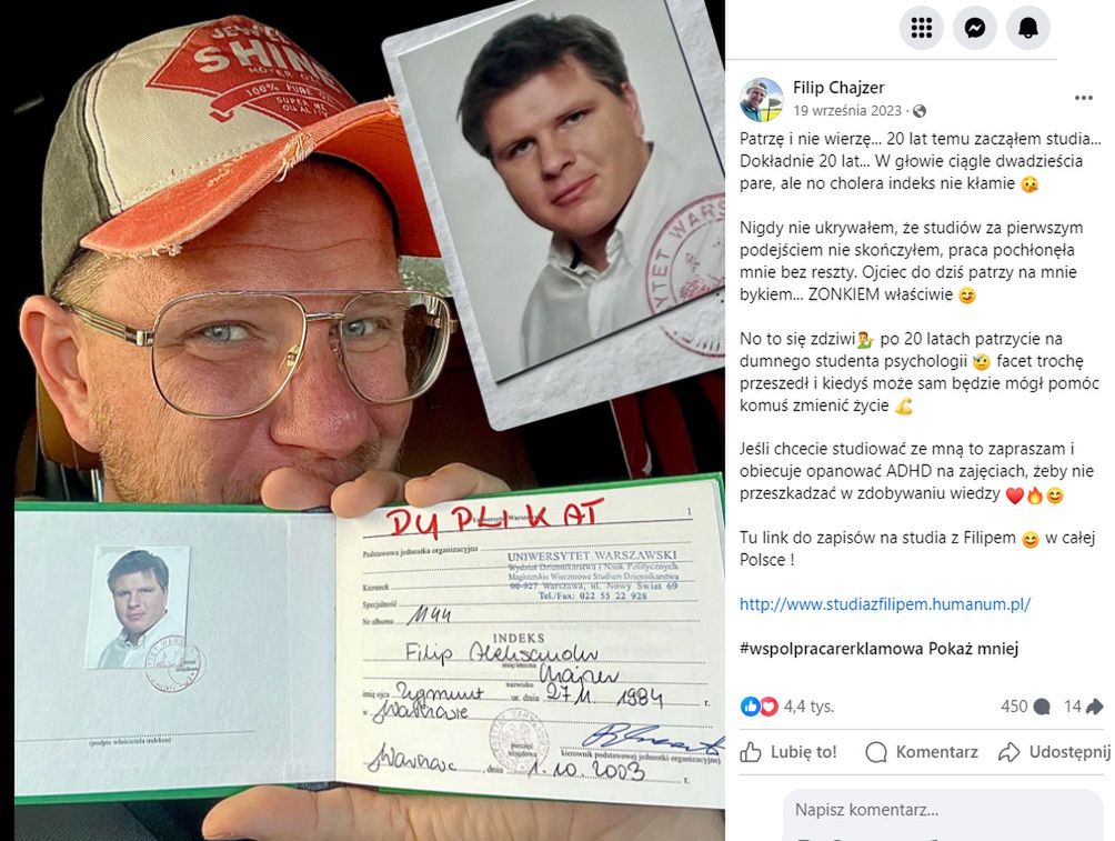 Filip Chajzer reklamował Collegium Humanum