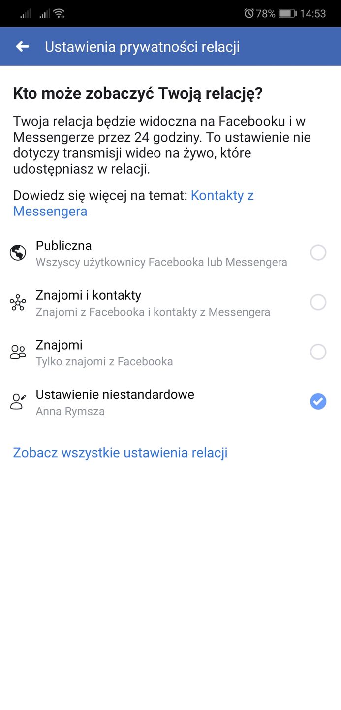 Ustawienia prywatności. Relacja może się pokazać tylko wybranym osobom.
