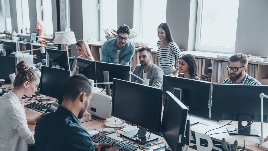 Working day in office. Group of young business people in smart casual wear working together in creative office
Men, Women, People, Corporate Business, Routine, Busy, Modern, Success, Expertise, Technology, Computer, Internet, Surfing The Net, Using Computer, Hipster-Person, IT Professional, Group Of People, Office, Business, Creative Occupation, Multi-Ethnic Group, New Business, Solution, Working, Design Studio, Business Finance And Industry, Professional Occupation, Togetherness, Unity, Smart Casual, Business Casual, Teamwork, Team, Ideas, Coworker, Place Of Work, Casual Clothing, Indoors, Lifestyles, Desk, Confidence