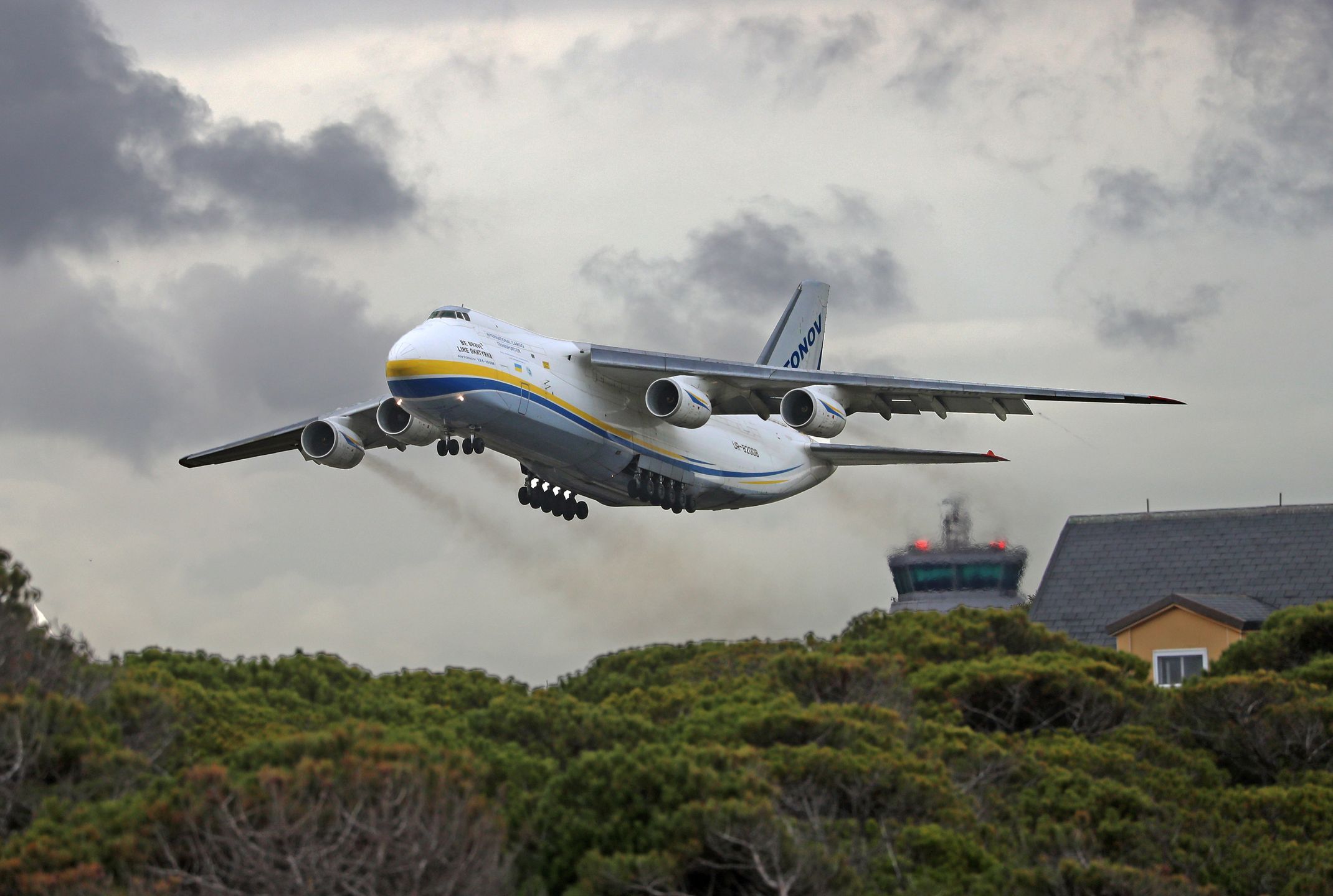 An Antonov An-124-100 is taking off from Barcelona Airport in Barcelona, Spain, on March 25, 2024, after delivering one of the sailboats that will participate in the upcoming edition of the America's Cup, set to take place in the Catalan capital between August and October. (Photo by Urbanandsport/NurPhoto via Getty Images)