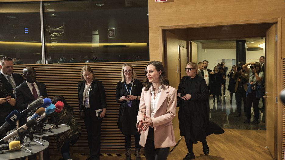 Sanna Marin, leader of the Social Democrats, arrives to speak during a press conference after an early vote tally at the Parliament Building in Helsinki, Finland, on Sunday, April 2, 2023. Prime Minister Marin was on track to lose in the Nordic country's close parliamentary elections to a pro-business opposition group. Photographer: Roni Rekomaa/Bloomberg via Getty Images
