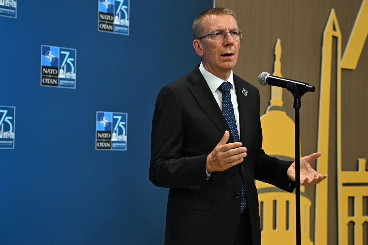 Edgars Rinkevics, Latvia's president, arrives to speak to members of the media during the NATO Summit in Washington, DC, US, on Wednesday, July 10, 2024. President Joe Biden and NATO's 31 other leaders had hoped their summit would celebrate fresh unity against Russia's Vladimir Putin, send a warning to China and prove the alliance is as strong as ever in its 75th year, but the three days of pageantry will be overshadowed by domestic turmoil across the alliance. Photographer: Graeme Sloan/Bloomberg via Getty Images