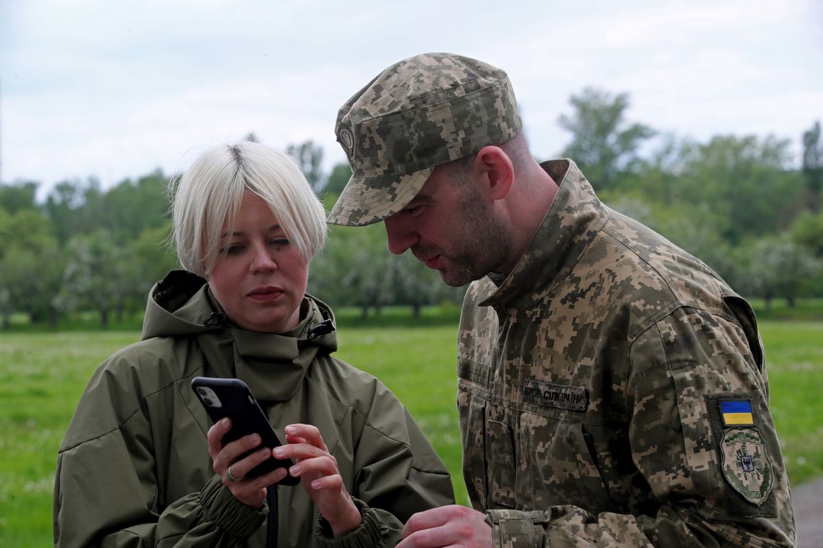 KYIV, UKRAINE - MAY 14, 2022 - Leader of the ONUKA band Nataliia Zhyzhchenko, who made an online appearance during a fundraising charity concert in Toronto, Canada, attends the presentation of an anti-drone rifle, Kyiv, capital of Ukraine. This photo cannot be distributed in the Russian Federation. (Photo credit should read Pavlo Bagmut/Ukrinform/Future Publishing via Getty Images)