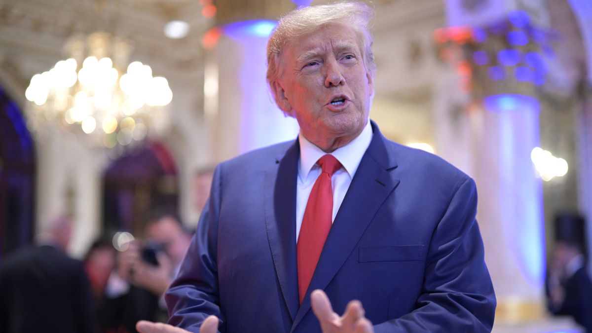 PALM BEACH, FL-NOVEMBER 8: Former President Donald Trump answers questions from reporters during an election night party at Mar-a-Lago, Tuesday, November 8, 2022 in Palm Beach, Florida. (Phelan M. Ebenhack for The Washington Post via Getty Images)