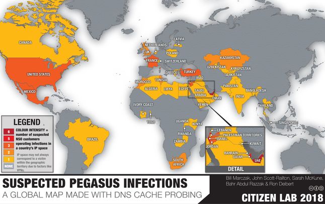 Przewidywany zasięg infekcji oprogramowaniem Pegasus z 2018 roku, źródło: The Citizen Lab.