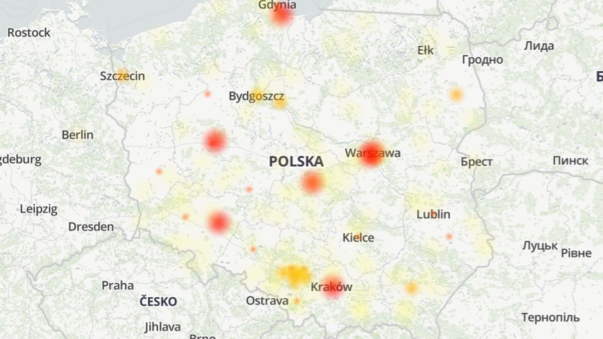 Geograficzny rozkład zgłoszeń awarii Facebooka