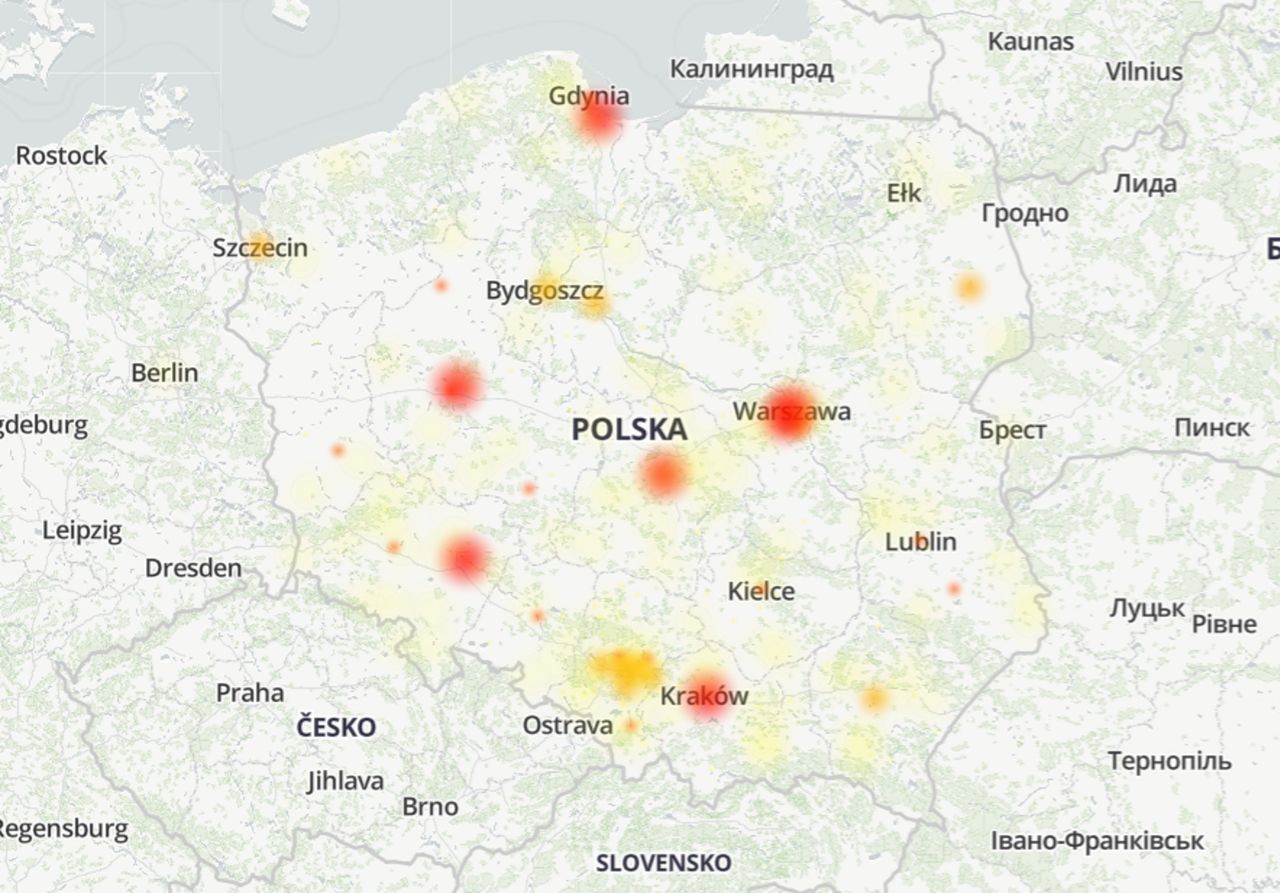 Geograficzny rozkład zgłoszeń awarii Facebooka