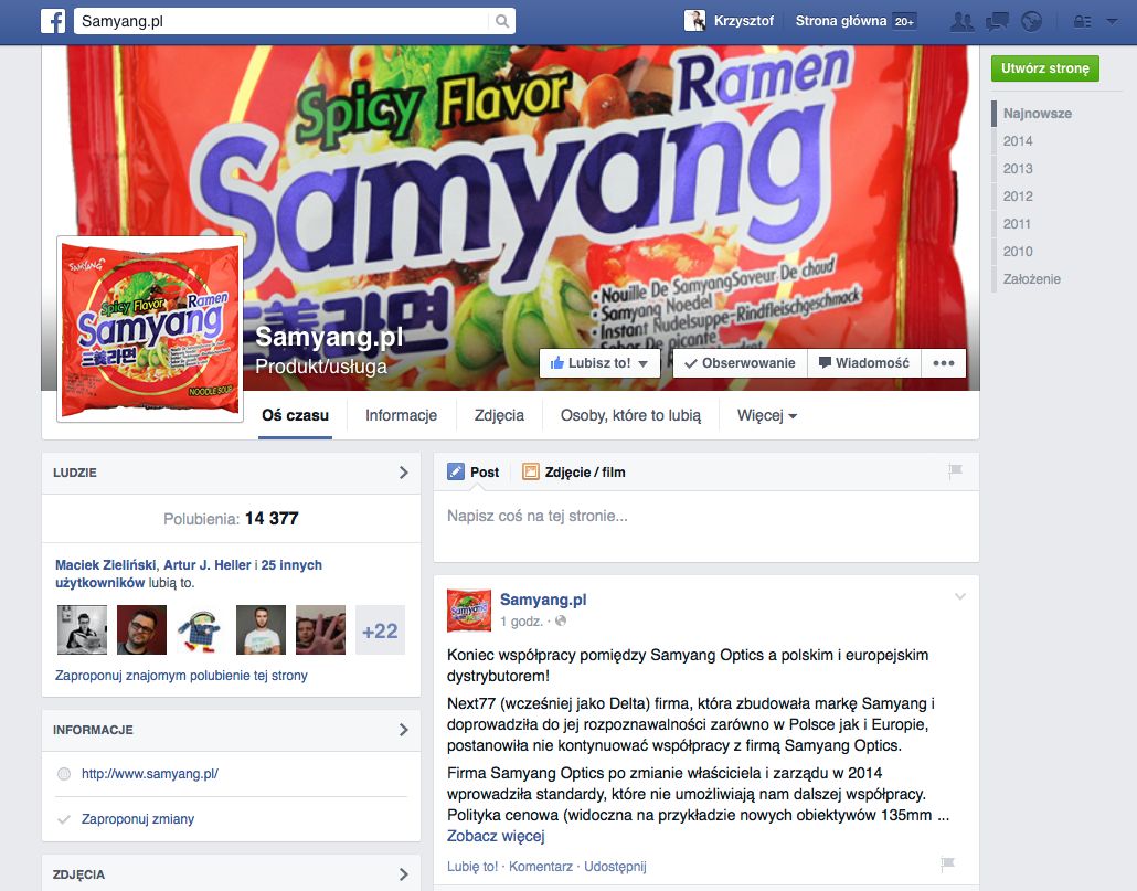 Screen ze strony https://www.facebook.com/samyangpl.