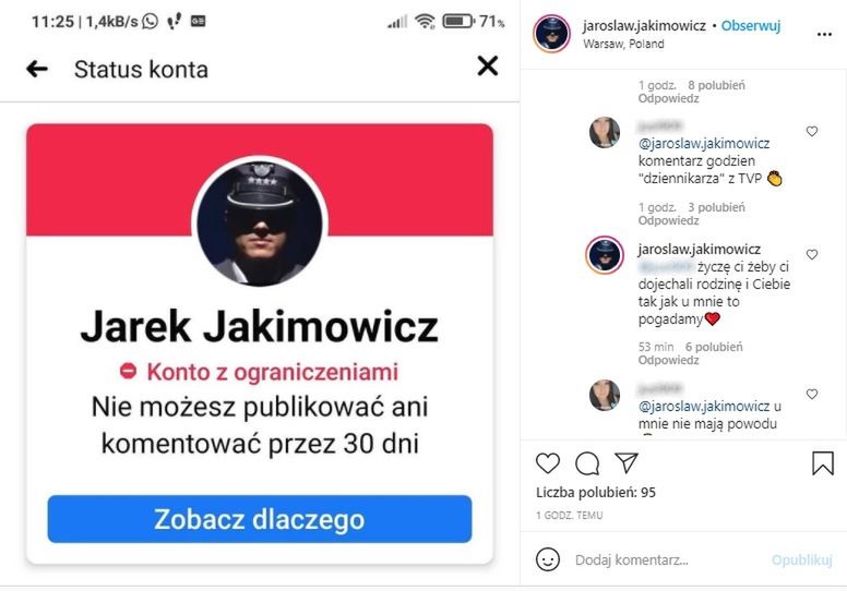 Komentarze pod instagramowym wpisem Jakimowicza