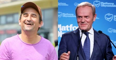 Roześmiany Misiek Koterski pozuje na lotnisku z Donaldem Tuskiem (FOTO)