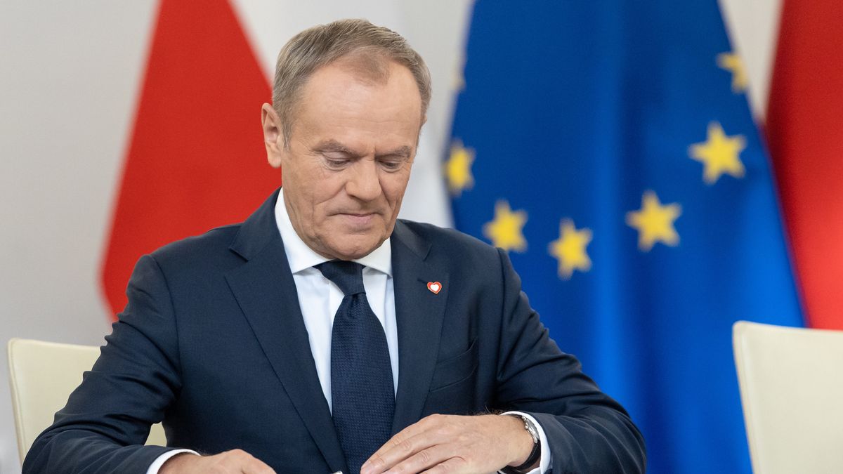 Donald Tusk during the signing of the coalition agreement regarding the tasks of establishing a new government in Poland in Warsaw, Poland on November 10, 2023. (Photo by Foto Olimpik/NurPhoto via Getty Images)