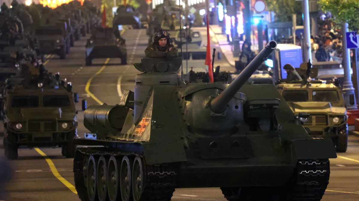 MOSCOW, RUSSIA - MAY 03: (RUSSIA OUT) Russian tanks and other military vehicles gather along Tvesrkaya street during the rehearsals of the Victory Day Red Square Parade on May 3, 2025 in Moscow, Russia. The Soviet Victory Day marks the capitulation of Nazi Germany to the Soviet Union in the Second World War (also known as the Great Patriotic War in the Soviet Union and some post-Soviet states). It was first inaugurated following the signing of the surrender document late in the evening on May 9, 1945, after the original capitulation that Germany earlier agreed to the joint Allied forces of the Western Front.(Photo by Contributor/Getty Images)