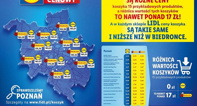 Lidl porównuje ceny zakupów z Biedronki z sąsiednich dzielnic miasta. Kolejna odsłona batalii cenowej z Biedronką
