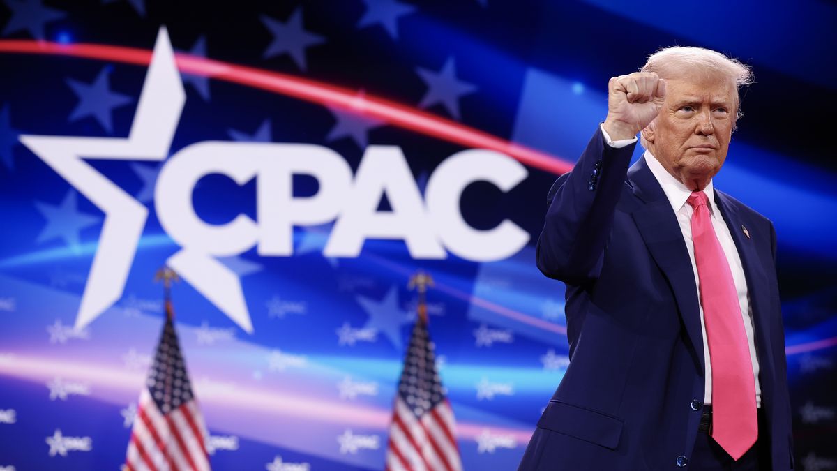 OXON HILL, MARYLAND - FEBRUARY 22:  U.S. President Donald Trump reacts to the crowd after speaking at the Conservative Political Action Conference (CPAC) at the Gaylord National Resort Hotel and Convention Center on February 22, 2025 in Oxon Hill, Maryland. The annual four-day gathering brings together conservative U.S. lawmakers, international leaders, media personalities and businessmen to discuss and champion conservative ideas. (Photo by Win McNamee/Getty Images)