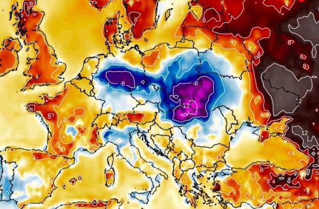Anomalia średniej temperatury prognozowana na pierwszy tydzień s